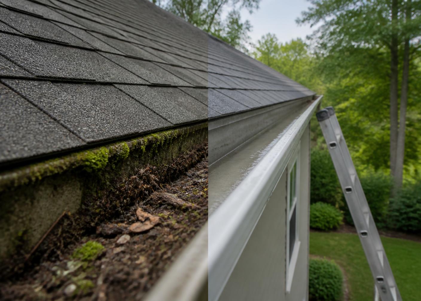 Gutter line before and after debris and moss removal