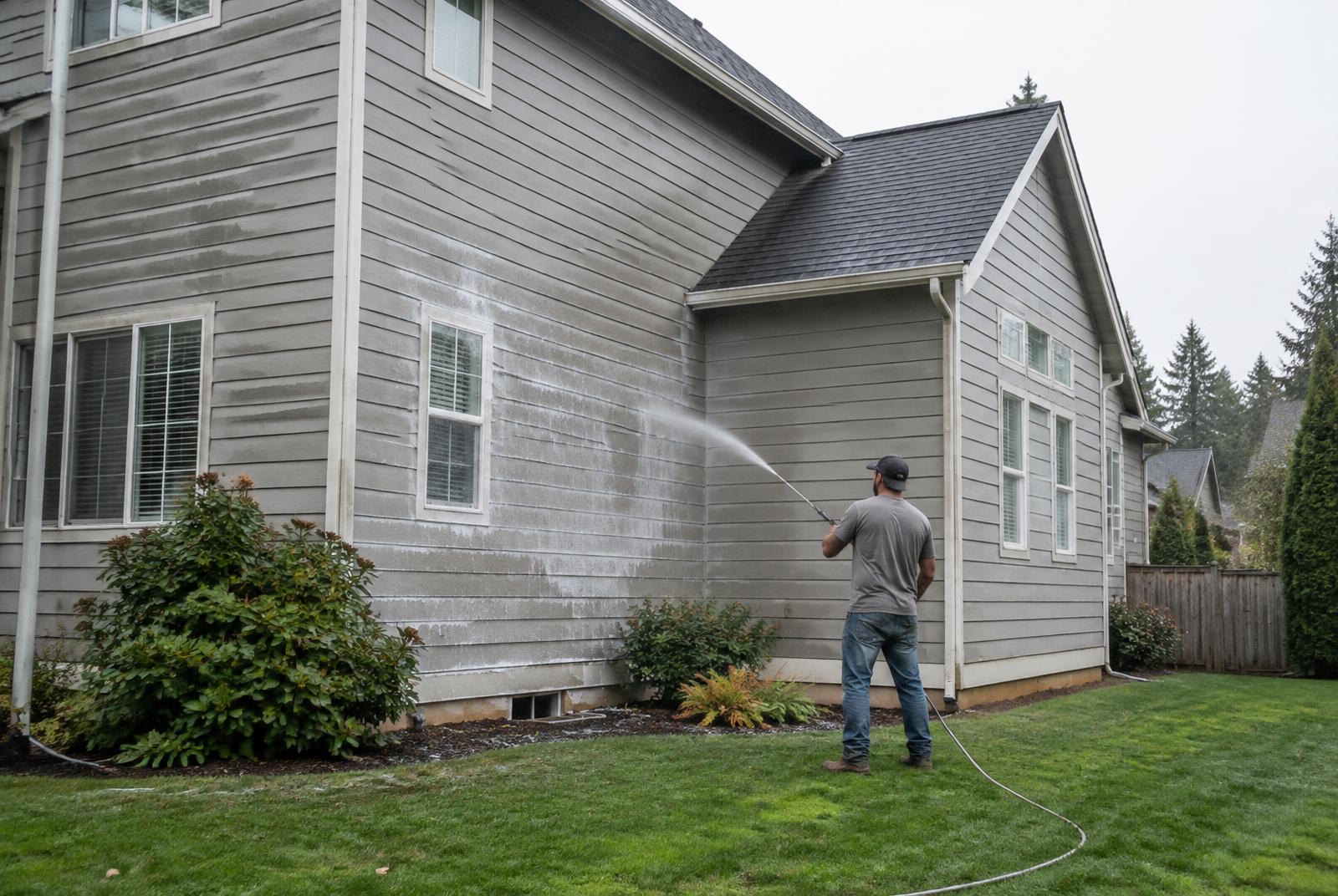 Technician soft washing the siding of a two-story home